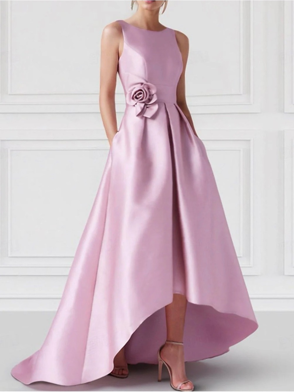 Sleeveless High-Low Satin Dress with Sculpted Rose in Light Pink